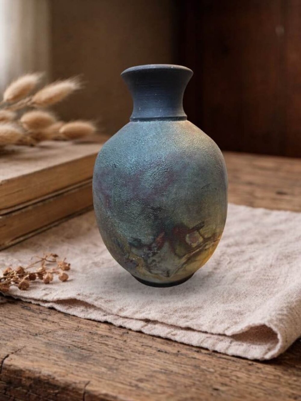 Handcrafted Raku Pottery Vase With Multicolor Iridescent Finish Unique Wabi Sabi - Picture 6 of 13